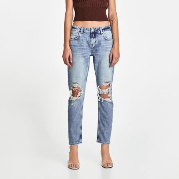 Zara Blue Distressed Denim Mom Jeans - Picture 1 of 6